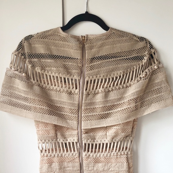 Lace Nude Midi Tier Short Sleeve Ruffle Cape Dress - Picture 2 of 7